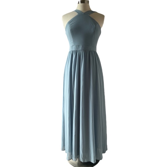 Lulus Air of Romance Maxi Dress M Slate Blue Sky Blue Chiffon Full Length Halter - Picture 2 of 9